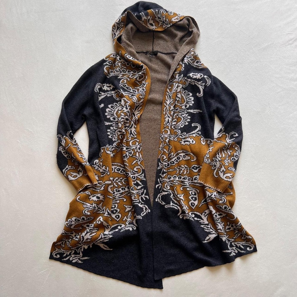Golden Ornate Gray Filagree Long Hooded Cardigan Max Sport Designer Fall Autumn